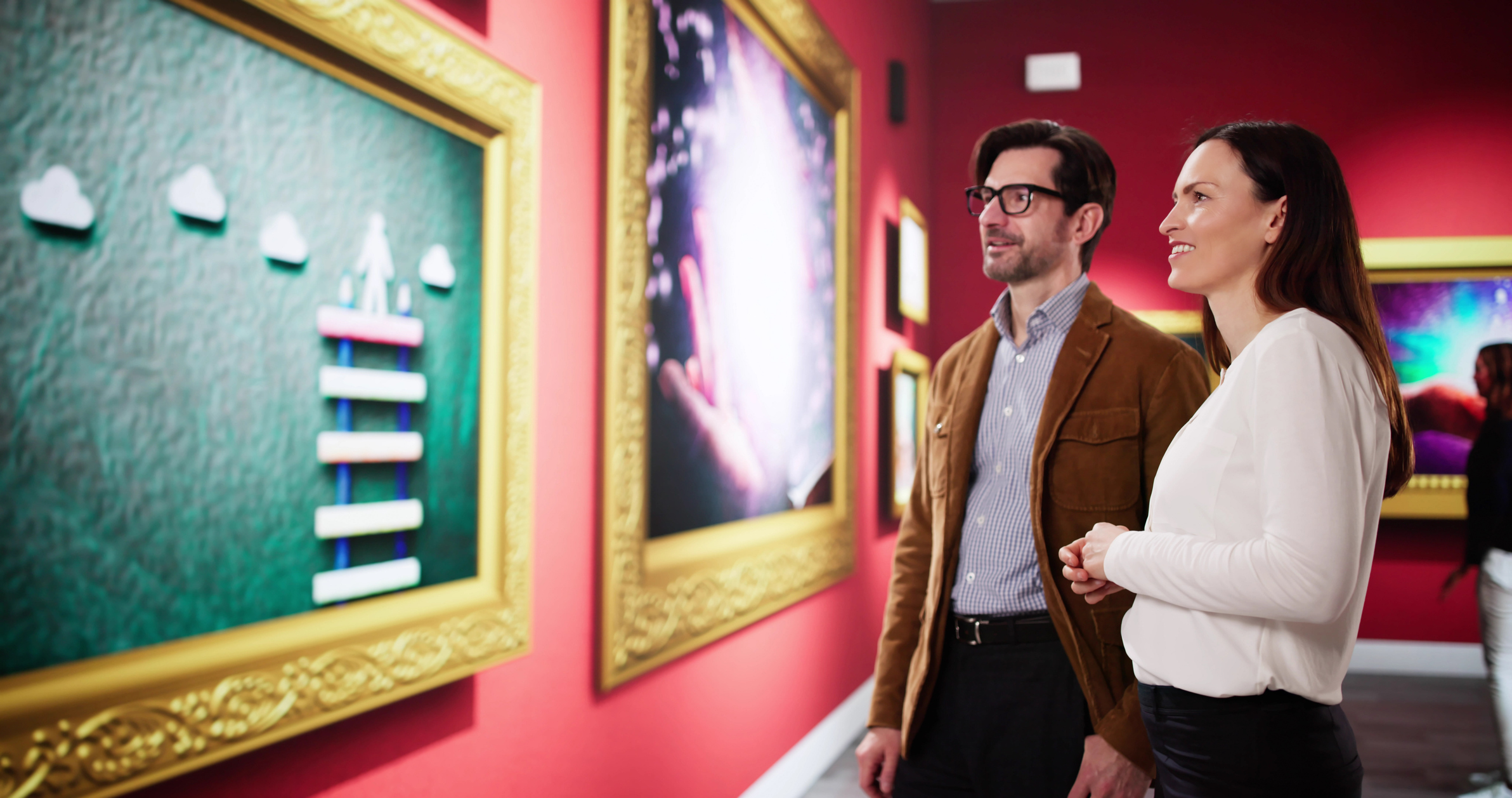 art gallery visitors admire modern abstract wall paintings
